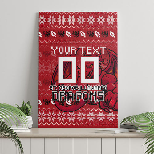 Personalized St George Illawarra Dragons Christmas Canvas Wall Art Australian Rugby Fans - Pixelated Ugly Xmas Pattern Mascot Santa