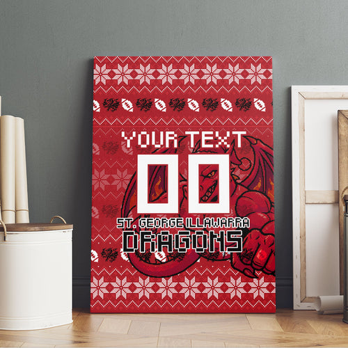 Personalized St George Illawarra Dragons Christmas Canvas Wall Art Australian Rugby Fans - Pixelated Ugly Xmas Pattern Mascot Santa
