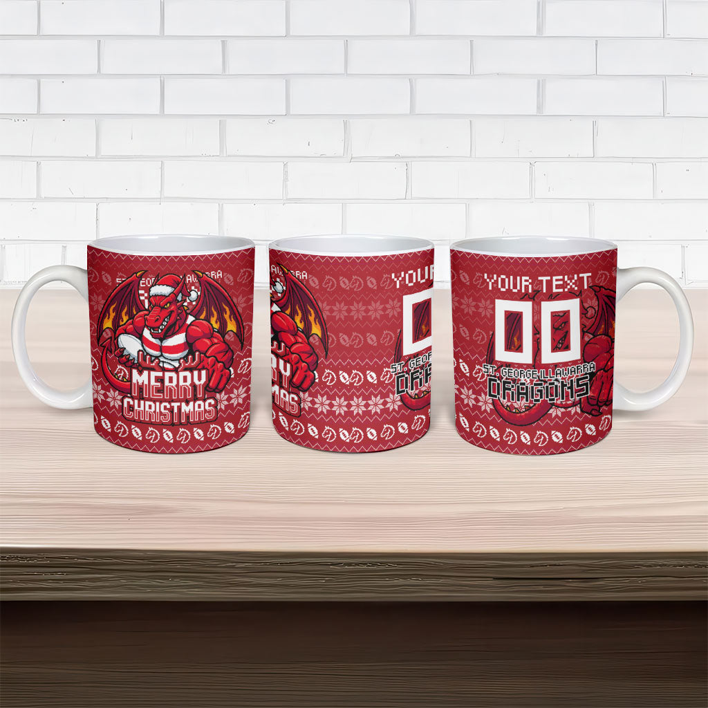 Personalized St George Illawarra Dragons Christmas Ceramic Mug Australian Rugby Fans - Pixelated Ugly Xmas Pattern Mascot Santa