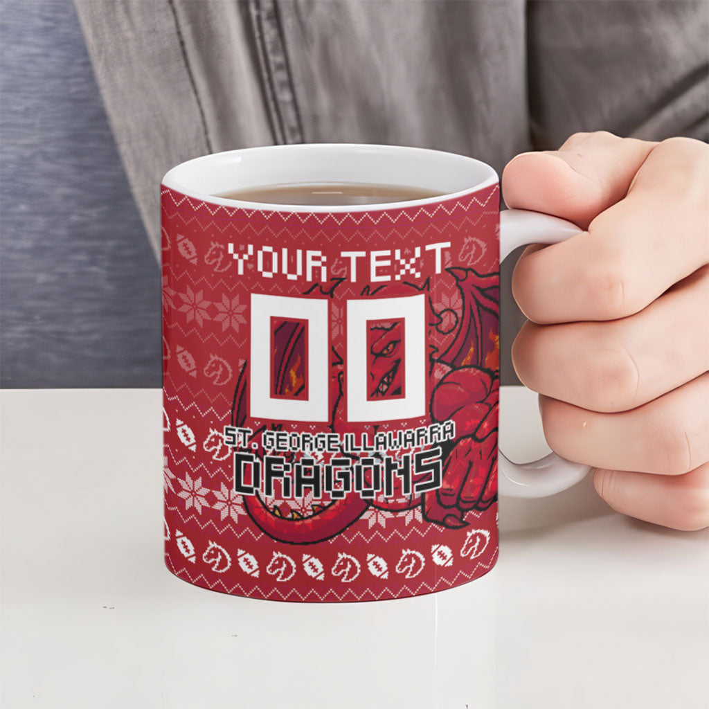 Personalized St George Illawarra Dragons Christmas Ceramic Mug Australian Rugby Fans - Pixelated Ugly Xmas Pattern Mascot Santa