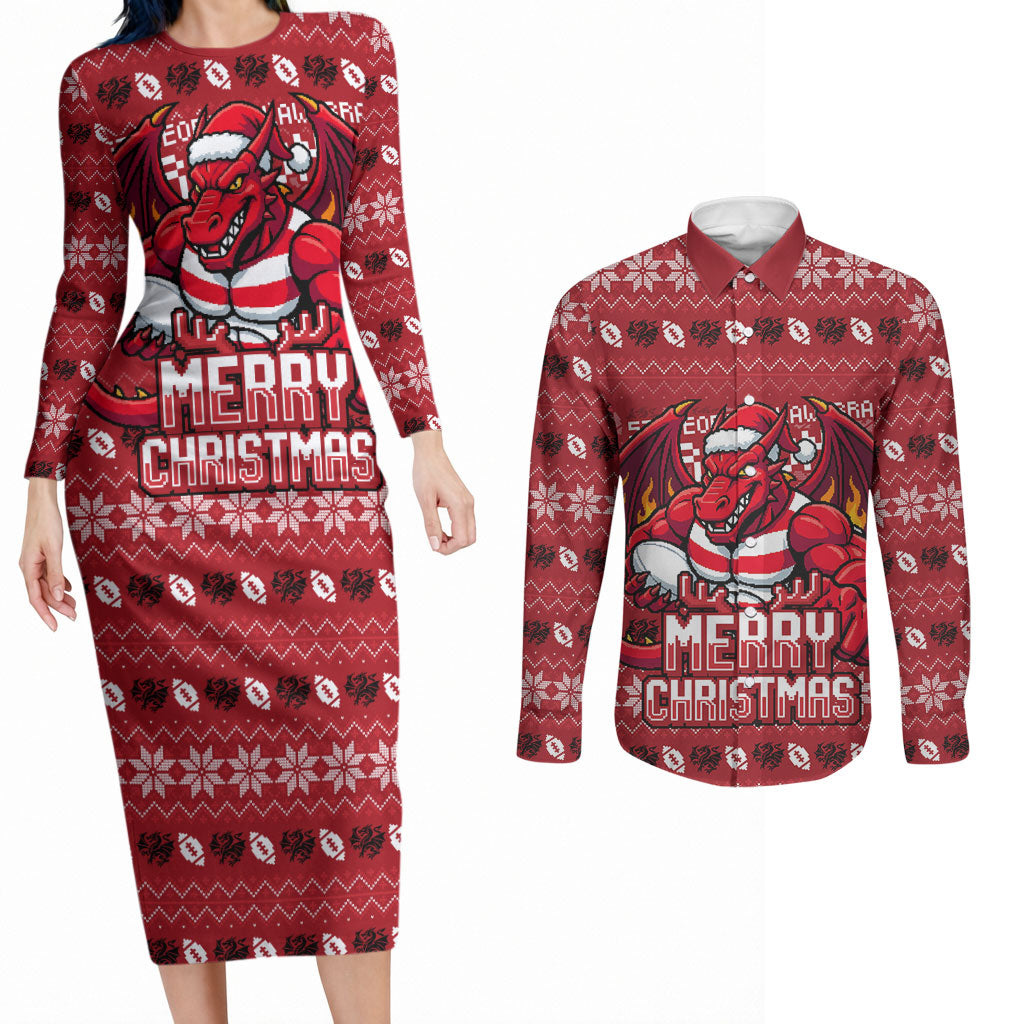 Personalized St George Illawarra Dragons Christmas Couples Matching Long Sleeve Bodycon Dress and Long Sleeve Button Shirt Australian Rugby Fans - Pixelated Ugly Xmas Pattern Mascot Santa