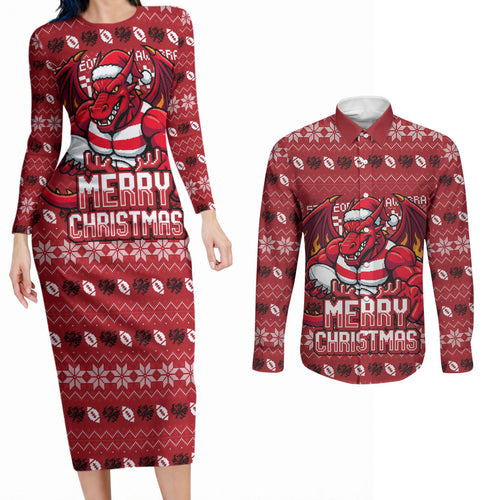 Personalized St George Illawarra Dragons Christmas Couples Matching Long Sleeve Bodycon Dress and Long Sleeve Button Shirt Australian Rugby Fans - Pixelated Ugly Xmas Pattern Mascot Santa