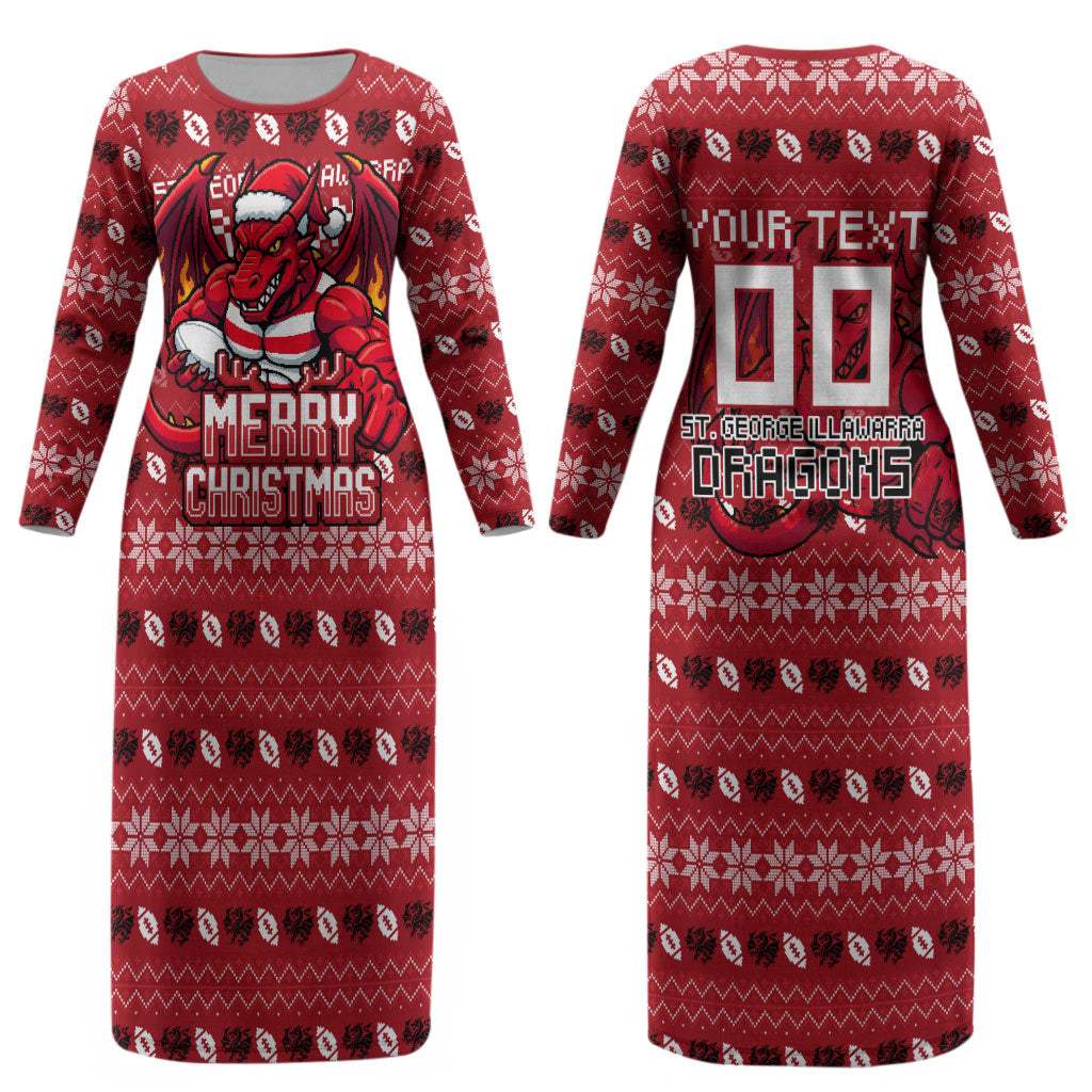 Personalized St George Illawarra Dragons Christmas Couples Matching Long Sleeve Bodycon Dress and Long Sleeve Button Shirt Australian Rugby Fans - Pixelated Ugly Xmas Pattern Mascot Santa