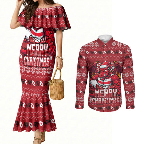 Personalized St George Illawarra Dragons Christmas Couples Matching Mermaid Dress and Long Sleeve Button Shirt Australian Rugby Fans - Pixelated Ugly Xmas Pattern Mascot Santa