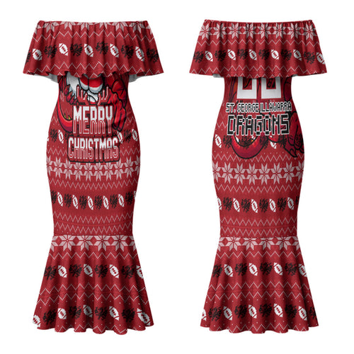 Personalized St George Illawarra Dragons Christmas Couples Matching Mermaid Dress and Long Sleeve Button Shirt Australian Rugby Fans - Pixelated Ugly Xmas Pattern Mascot Santa