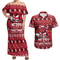 Personalized St George Illawarra Dragons Christmas Couples Matching Off Shoulder Maxi Dress and Hawaiian Shirt Australian Rugby Fans - Pixelated Ugly Xmas Pattern Mascot Santa