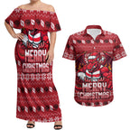 Personalized St George Illawarra Dragons Christmas Couples Matching Off Shoulder Maxi Dress and Hawaiian Shirt Australian Rugby Fans - Pixelated Ugly Xmas Pattern Mascot Santa