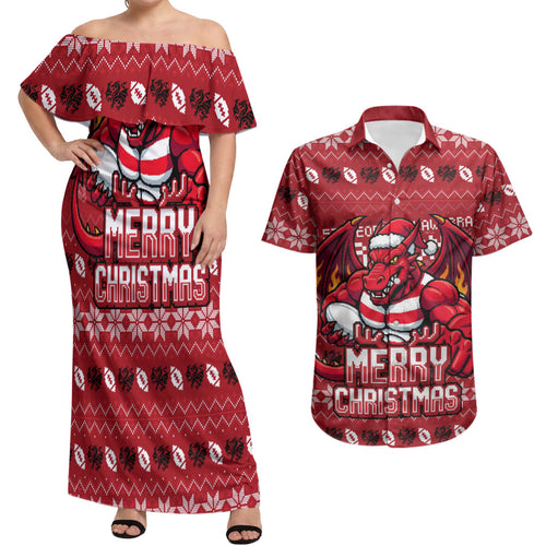 Personalized St George Illawarra Dragons Christmas Couples Matching Off Shoulder Maxi Dress and Hawaiian Shirt Australian Rugby Fans - Pixelated Ugly Xmas Pattern Mascot Santa
