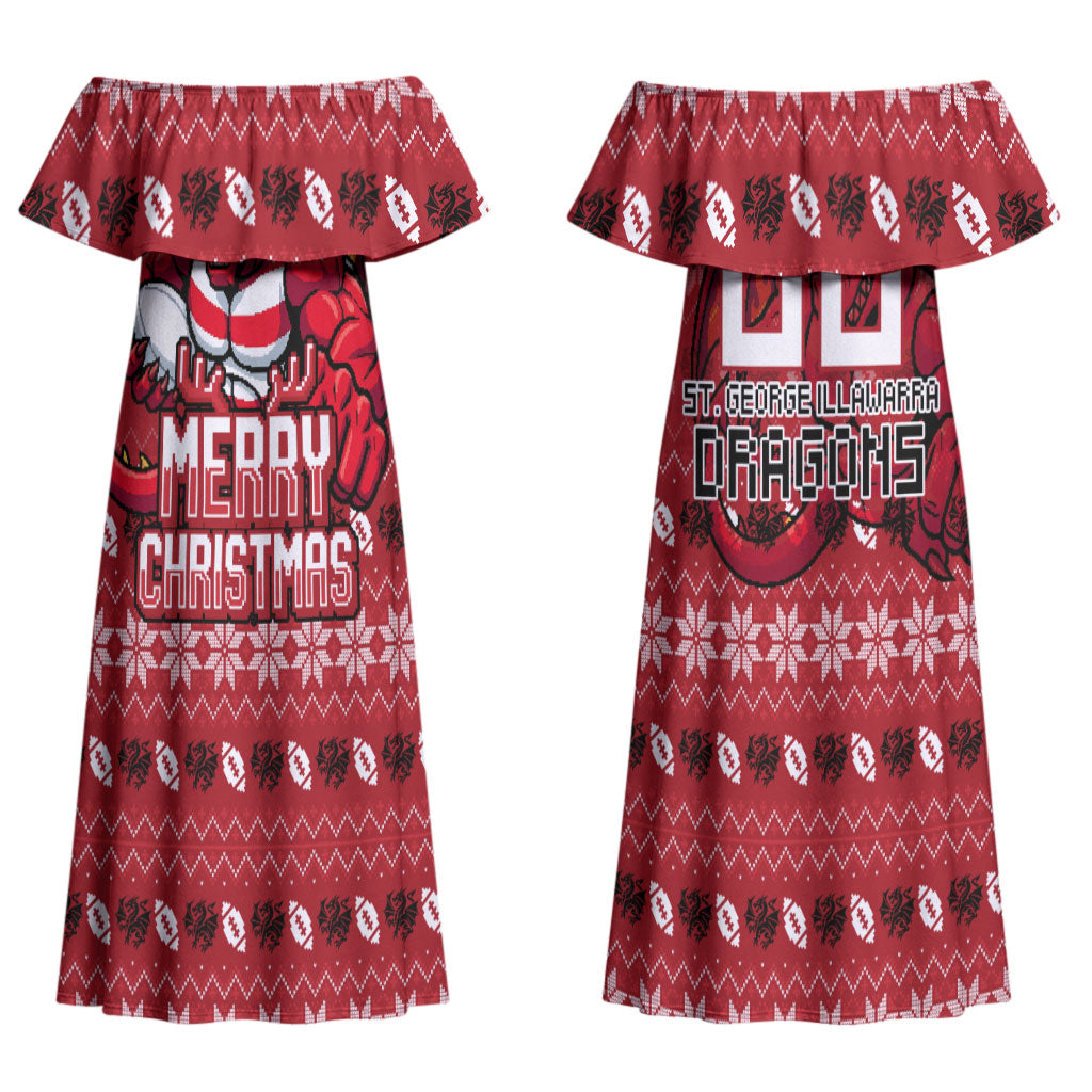 Personalized St George Illawarra Dragons Christmas Couples Matching Off Shoulder Maxi Dress and Hawaiian Shirt Australian Rugby Fans - Pixelated Ugly Xmas Pattern Mascot Santa