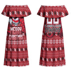Personalized St George Illawarra Dragons Christmas Couples Matching Off Shoulder Maxi Dress and Hawaiian Shirt Australian Rugby Fans - Pixelated Ugly Xmas Pattern Mascot Santa