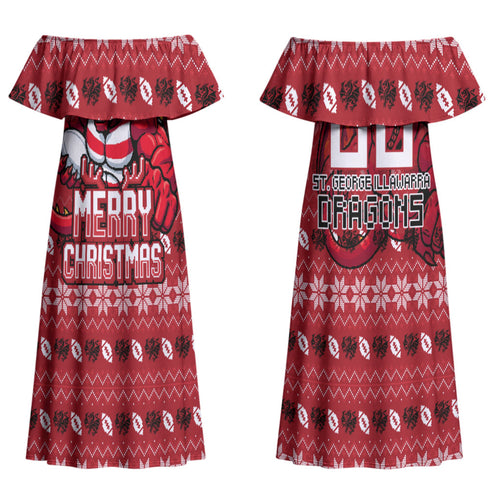 Personalized St George Illawarra Dragons Christmas Couples Matching Off Shoulder Maxi Dress and Hawaiian Shirt Australian Rugby Fans - Pixelated Ugly Xmas Pattern Mascot Santa