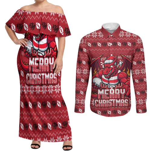 Personalized St George Illawarra Dragons Christmas Couples Matching Off Shoulder Maxi Dress and Long Sleeve Button Shirt Australian Rugby Fans - Pixelated Ugly Xmas Pattern Mascot Santa