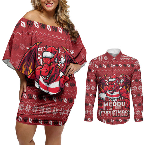 Personalized St George Illawarra Dragons Christmas Couples Matching Off Shoulder Short Dress and Long Sleeve Button Shirt Australian Rugby Fans - Pixelated Ugly Xmas Pattern Mascot Santa