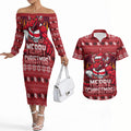 Personalized St George Illawarra Dragons Christmas Couples Matching Off The Shoulder Long Sleeve Dress and Hawaiian Shirt Australian Rugby Fans - Pixelated Ugly Xmas Pattern Mascot Santa