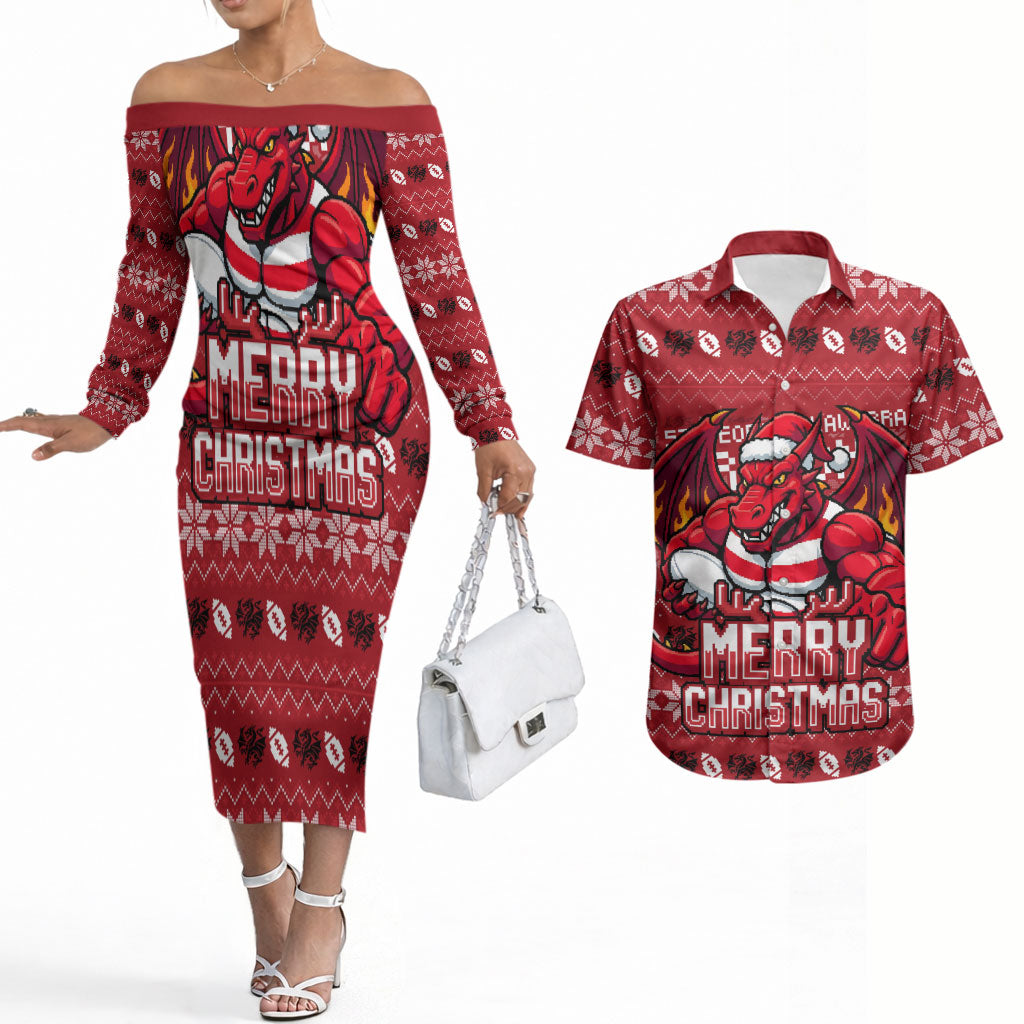 Personalized St George Illawarra Dragons Christmas Couples Matching Off The Shoulder Long Sleeve Dress and Hawaiian Shirt Australian Rugby Fans - Pixelated Ugly Xmas Pattern Mascot Santa