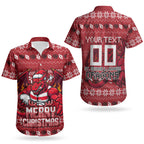 Personalized St George Illawarra Dragons Christmas Couples Matching Off The Shoulder Long Sleeve Dress and Hawaiian Shirt Australian Rugby Fans - Pixelated Ugly Xmas Pattern Mascot Santa