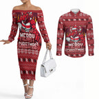 Personalized St George Illawarra Dragons Christmas Couples Matching Off The Shoulder Long Sleeve Dress and Long Sleeve Button Shirt Australian Rugby Fans - Pixelated Ugly Xmas Pattern Mascot Santa