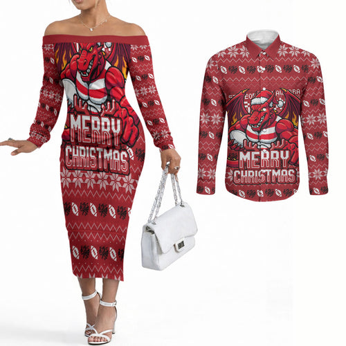 Personalized St George Illawarra Dragons Christmas Couples Matching Off The Shoulder Long Sleeve Dress and Long Sleeve Button Shirt Australian Rugby Fans - Pixelated Ugly Xmas Pattern Mascot Santa
