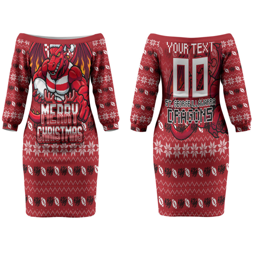 Personalized St George Illawarra Dragons Christmas Couples Matching Off The Shoulder Long Sleeve Dress and Long Sleeve Button Shirt Australian Rugby Fans - Pixelated Ugly Xmas Pattern Mascot Santa