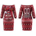 Personalized St George Illawarra Dragons Christmas Couples Matching Off The Shoulder Long Sleeve Dress and Long Sleeve Button Shirt Australian Rugby Fans - Pixelated Ugly Xmas Pattern Mascot Santa