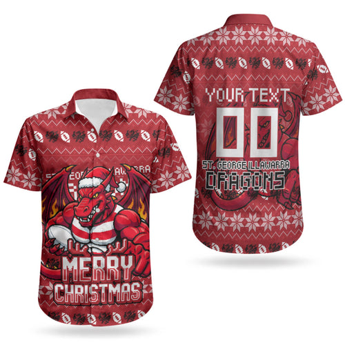 Personalized St George Illawarra Dragons Christmas Couples Matching Puletasi and Hawaiian Shirt Australian Rugby Fans - Pixelated Ugly Xmas Pattern Mascot Santa