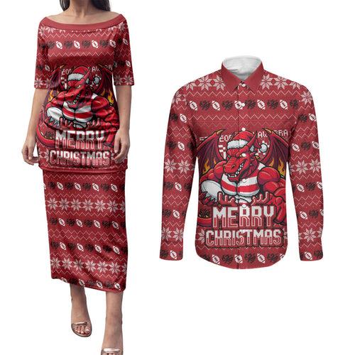 Personalized St George Illawarra Dragons Christmas Couples Matching Puletasi and Long Sleeve Button Shirt Australian Rugby Fans - Pixelated Ugly Xmas Pattern Mascot Santa