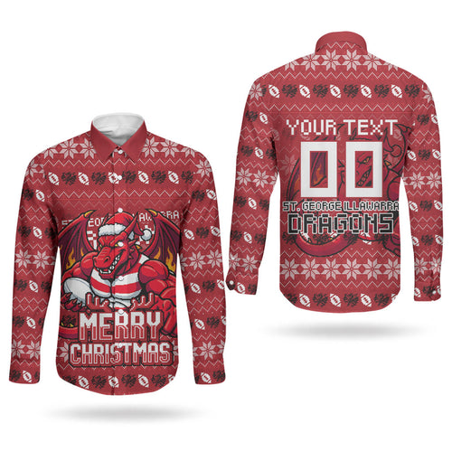 Personalized St George Illawarra Dragons Christmas Couples Matching Puletasi and Long Sleeve Button Shirt Australian Rugby Fans - Pixelated Ugly Xmas Pattern Mascot Santa