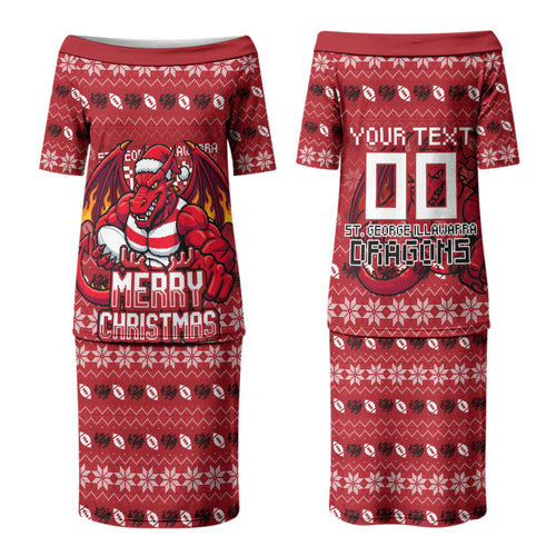 Personalized St George Illawarra Dragons Christmas Couples Matching Puletasi and Long Sleeve Button Shirt Australian Rugby Fans - Pixelated Ugly Xmas Pattern Mascot Santa