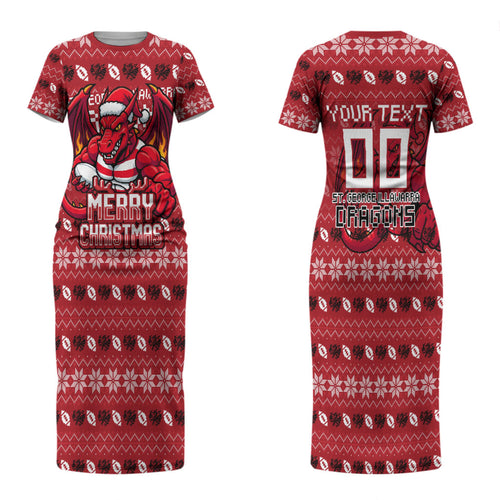 Personalized St George Illawarra Dragons Christmas Couples Matching Short Sleeve Bodycon Dress and Long Sleeve Button Shirt Australian Rugby Fans - Pixelated Ugly Xmas Pattern Mascot Santa