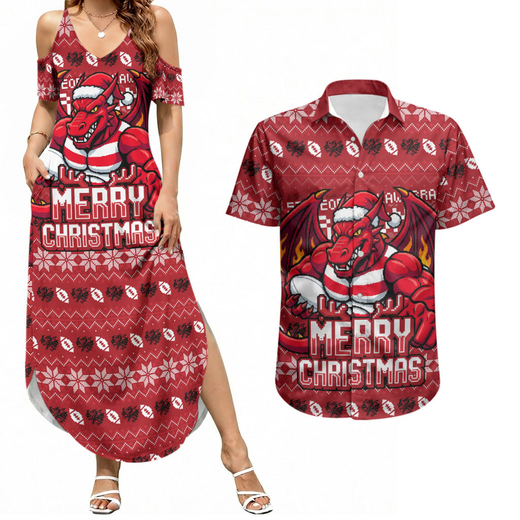 Personalized St George Illawarra Dragons Christmas Couples Matching Summer Maxi Dress and Hawaiian Shirt Australian Rugby Fans - Pixelated Ugly Xmas Pattern Mascot Santa