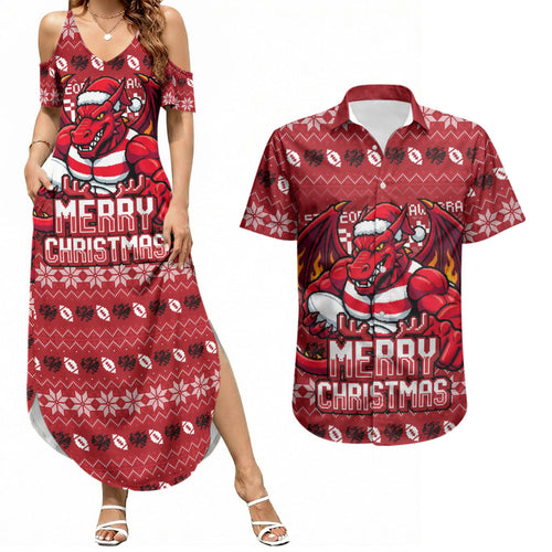 Personalized St George Illawarra Dragons Christmas Couples Matching Summer Maxi Dress and Hawaiian Shirt Australian Rugby Fans - Pixelated Ugly Xmas Pattern Mascot Santa