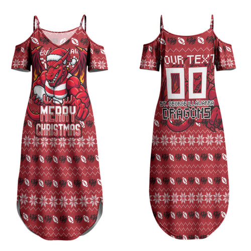 Personalized St George Illawarra Dragons Christmas Couples Matching Summer Maxi Dress and Long Sleeve Button Shirt Australian Rugby Fans - Pixelated Ugly Xmas Pattern Mascot Santa