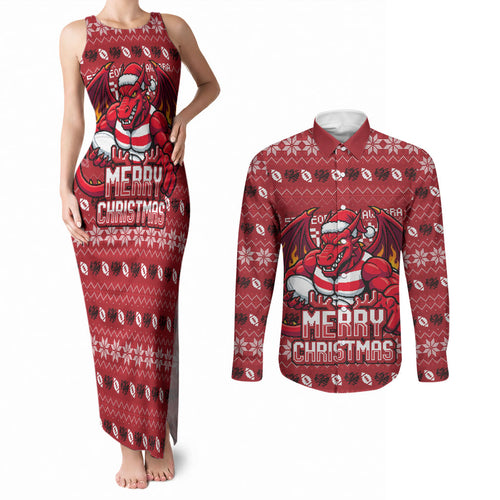 Personalized St George Illawarra Dragons Christmas Couples Matching Tank Maxi Dress and Long Sleeve Button Shirt Australian Rugby Fans - Pixelated Ugly Xmas Pattern Mascot Santa