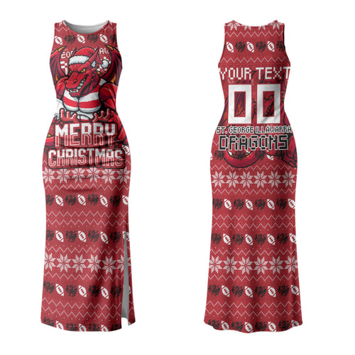 Personalized St George Illawarra Dragons Christmas Couples Matching Tank Maxi Dress and Long Sleeve Button Shirt Australian Rugby Fans - Pixelated Ugly Xmas Pattern Mascot Santa