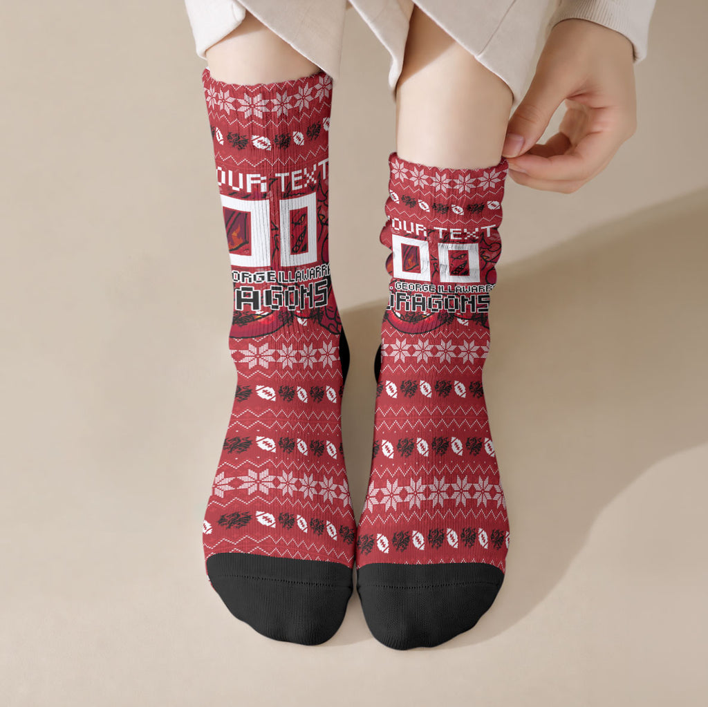 Personalized St George Illawarra Dragons Christmas Crew Socks Australian Rugby Fans - Pixelated Ugly Xmas Pattern Mascot Santa