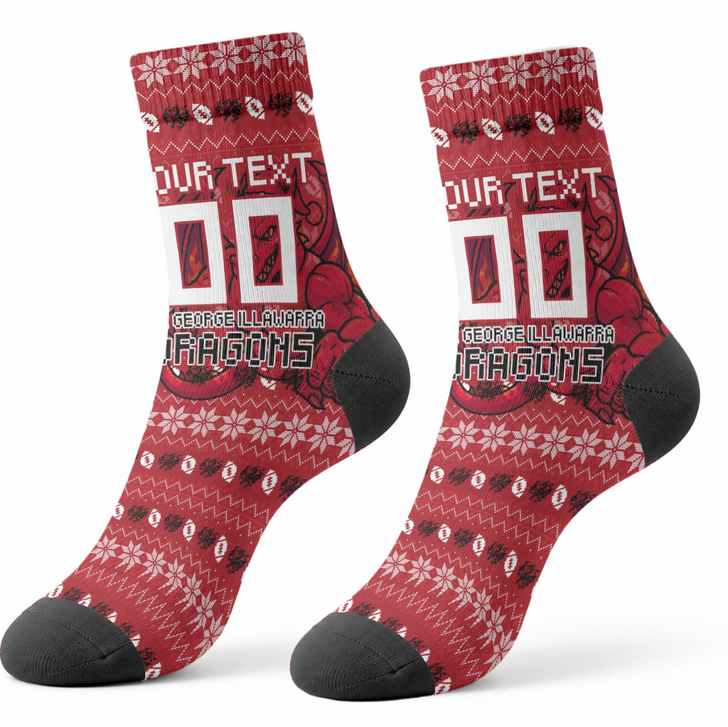 Personalized St George Illawarra Dragons Christmas Crew Socks Australian Rugby Fans - Pixelated Ugly Xmas Pattern Mascot Santa