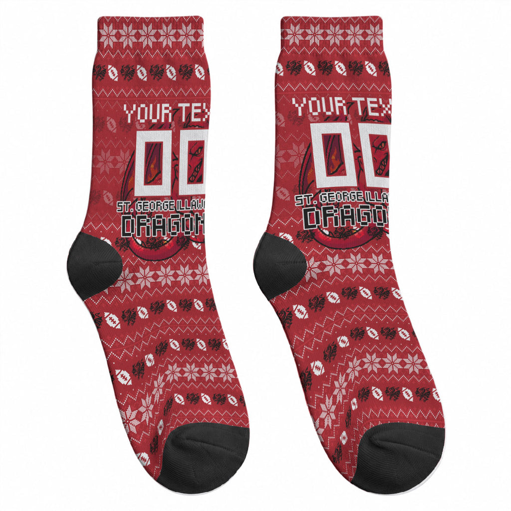 Personalized St George Illawarra Dragons Christmas Crew Socks Australian Rugby Fans - Pixelated Ugly Xmas Pattern Mascot Santa