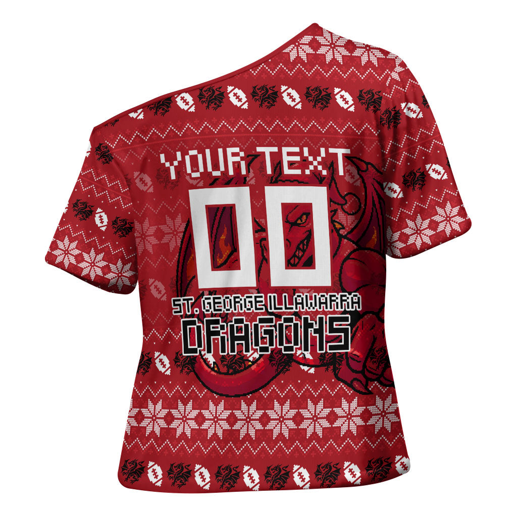 Personalized St George Illawarra Dragons Christmas Cross Shoulder Shirt Australian Rugby Fans - Pixelated Ugly Xmas Pattern Mascot Santa