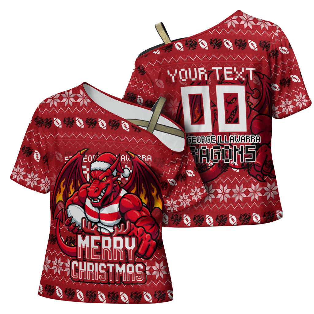 Personalized St George Illawarra Dragons Christmas Cross Shoulder Shirt Australian Rugby Fans - Pixelated Ugly Xmas Pattern Mascot Santa