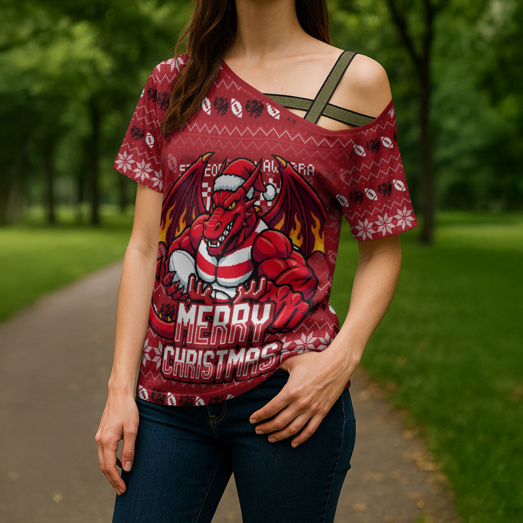 Personalized St George Illawarra Dragons Christmas Cross Shoulder Shirt Australian Rugby Fans - Pixelated Ugly Xmas Pattern Mascot Santa