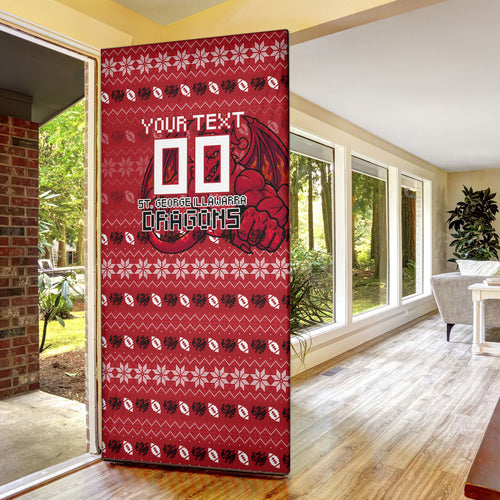 Personalized St George Illawarra Dragons Christmas Door Cover Australian Rugby Fans - Pixelated Ugly Xmas Pattern Mascot Santa