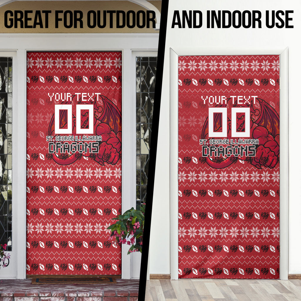 Personalized St George Illawarra Dragons Christmas Door Cover Australian Rugby Fans - Pixelated Ugly Xmas Pattern Mascot Santa
