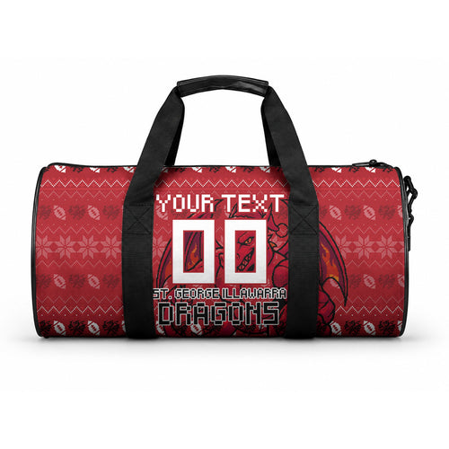 Personalized St George Illawarra Dragons Christmas Duffle Bag Australian Rugby Fans - Pixelated Ugly Xmas Pattern Mascot Santa