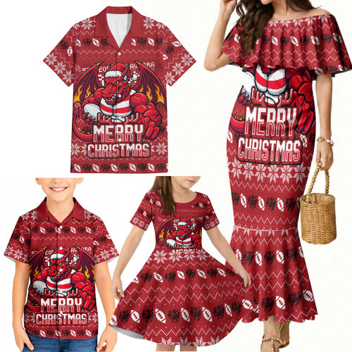 Personalized St George Illawarra Dragons Christmas Family Matching Mermaid Dress and Hawaiian Shirt Australian Rugby Fans - Pixelated Ugly Xmas Pattern Mascot Santa