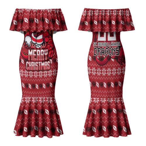 Personalized St George Illawarra Dragons Christmas Family Matching Mermaid Dress and Hawaiian Shirt Australian Rugby Fans - Pixelated Ugly Xmas Pattern Mascot Santa