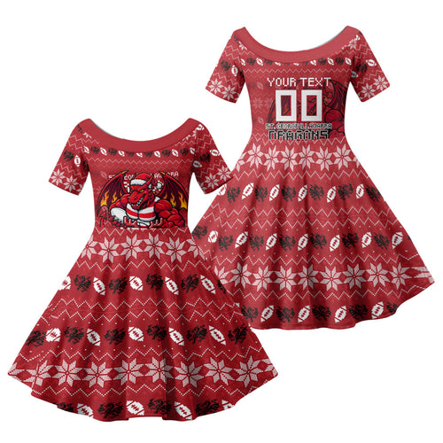 Personalized St George Illawarra Dragons Christmas Family Matching Mermaid Dress and Hawaiian Shirt Australian Rugby Fans - Pixelated Ugly Xmas Pattern Mascot Santa