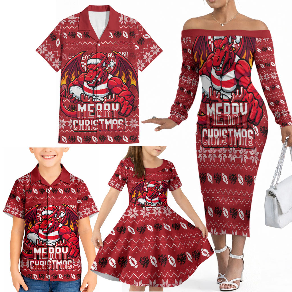 Personalized St George Illawarra Dragons Christmas Family Matching Off The Shoulder Long Sleeve Dress and Hawaiian Shirt Australian Rugby Fans - Pixelated Ugly Xmas Pattern Mascot Santa