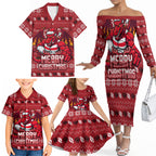 Personalized St George Illawarra Dragons Christmas Family Matching Off The Shoulder Long Sleeve Dress and Hawaiian Shirt Australian Rugby Fans - Pixelated Ugly Xmas Pattern Mascot Santa