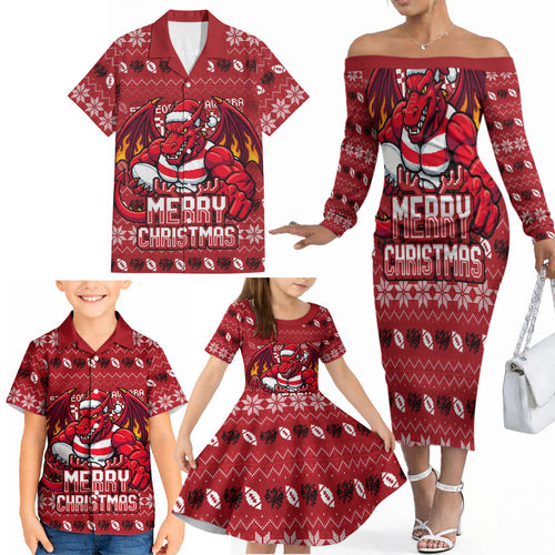 Personalized St George Illawarra Dragons Christmas Family Matching Off The Shoulder Long Sleeve Dress and Hawaiian Shirt Australian Rugby Fans - Pixelated Ugly Xmas Pattern Mascot Santa