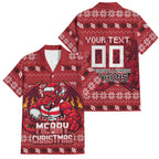 Personalized St George Illawarra Dragons Christmas Family Matching Off The Shoulder Long Sleeve Dress and Hawaiian Shirt Australian Rugby Fans - Pixelated Ugly Xmas Pattern Mascot Santa
